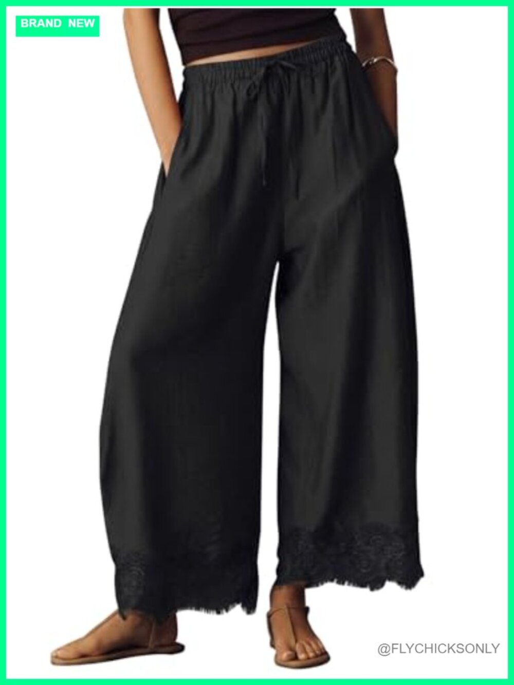 Womens Cotton Lace Trim Wide Leg Cropped Pants Drawstring Trousers